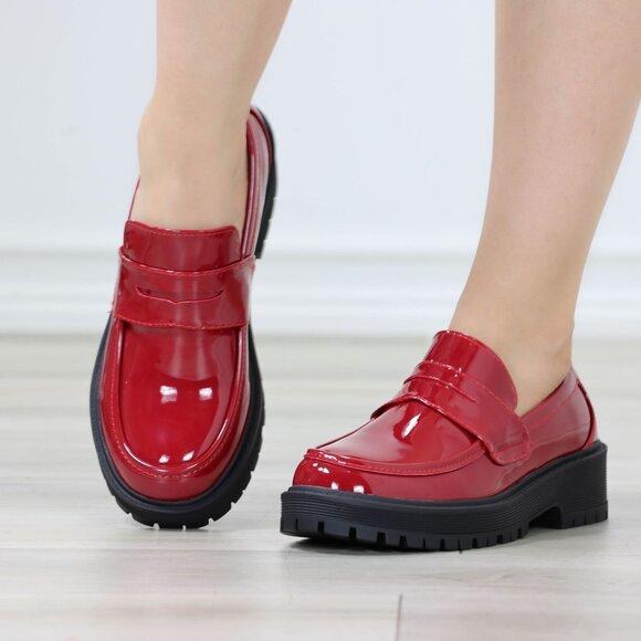 Shoes - Womens Chunky Penny Loafer Lug Sole Slip On Platform Red Patent